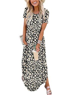 Women's Black Floral Summer Maxi Dress Short Sleeve Casual Split Beach T Shirt